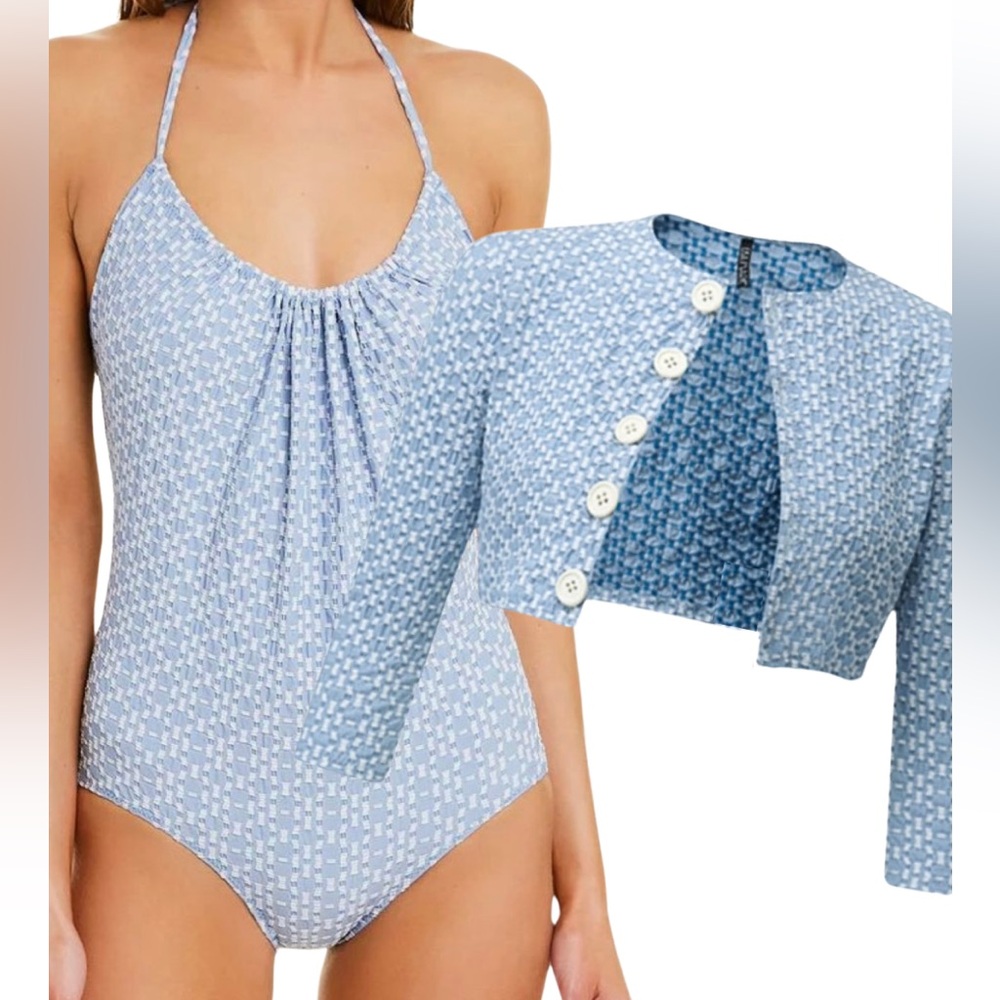 Lisa Marie Fernandez one piece swimsuit and cardigan